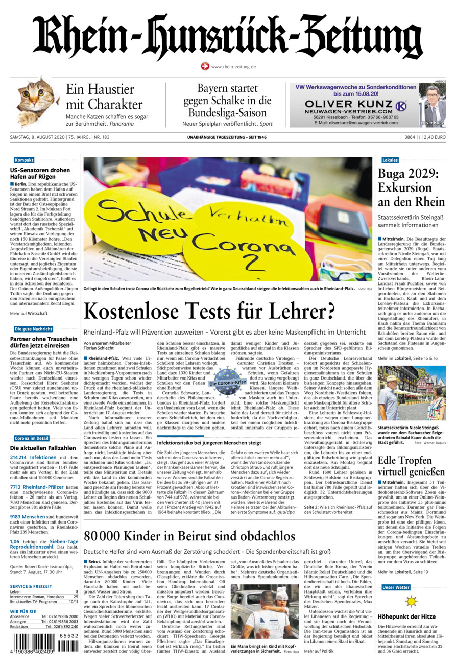 Rhein-Hunsrück-Zeitung vom Samstag, 08.08.2020