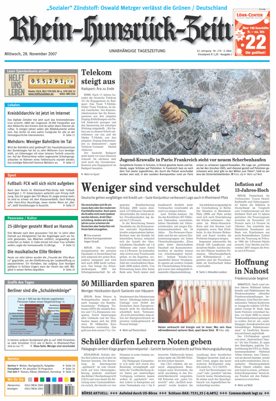 Rhein-Hunsrück-Zeitung vom Mittwoch, 28.11.2007