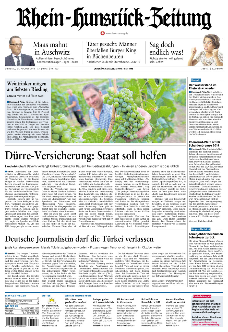 Rhein-Hunsrück-Zeitung vom Dienstag, 21.08.2018