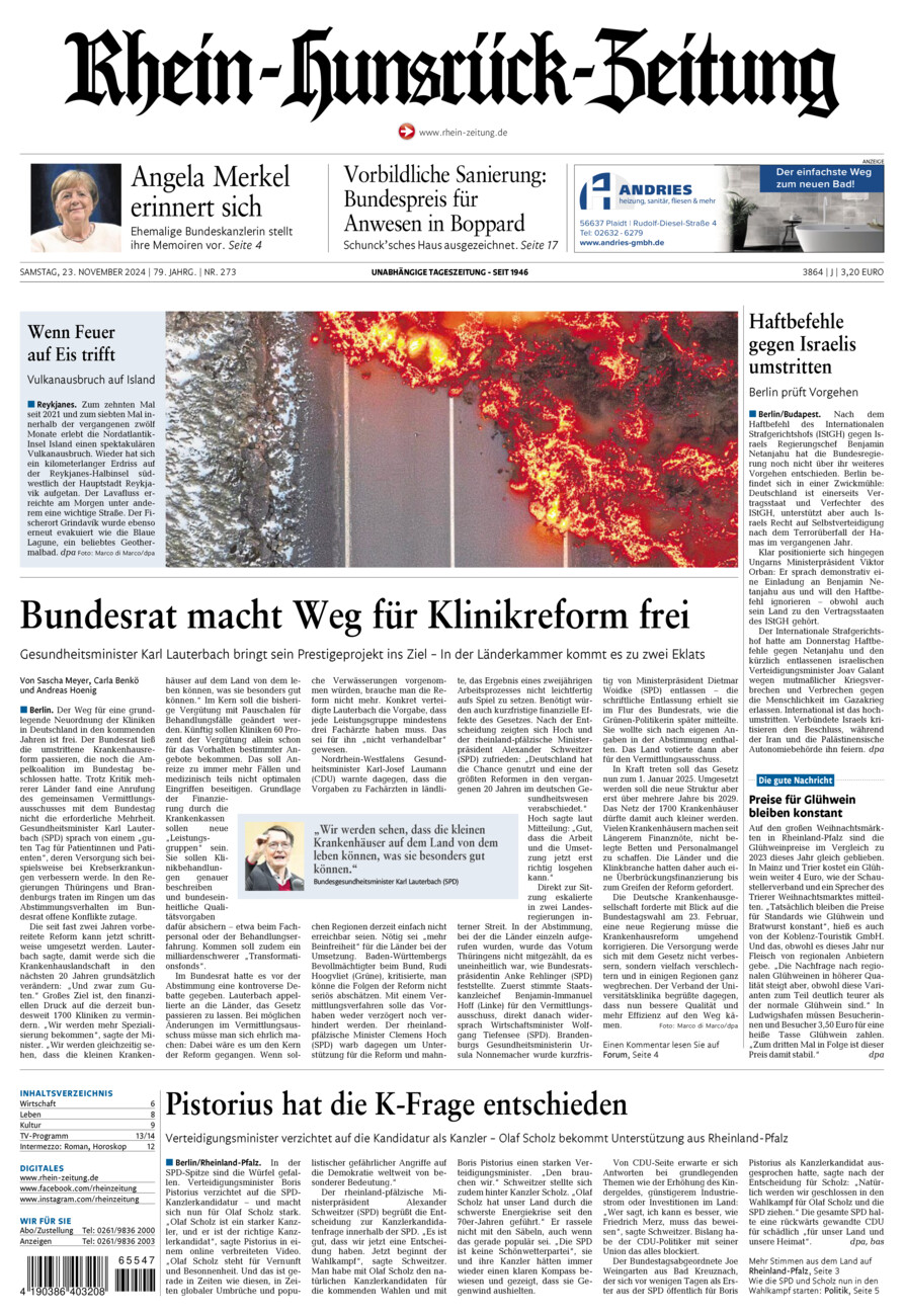 Rhein-Hunsrück-Zeitung vom Samstag, 23.11.2024