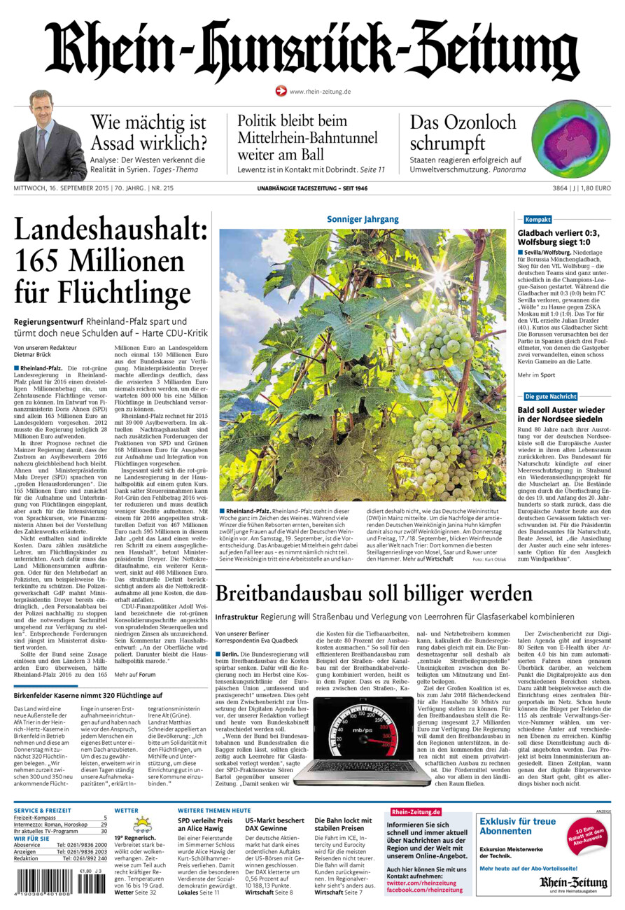 Rhein-Hunsrück-Zeitung vom Mittwoch, 16.09.2015