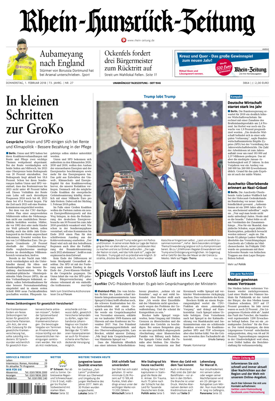 Rhein-Hunsrück-Zeitung vom Donnerstag, 01.02.2018