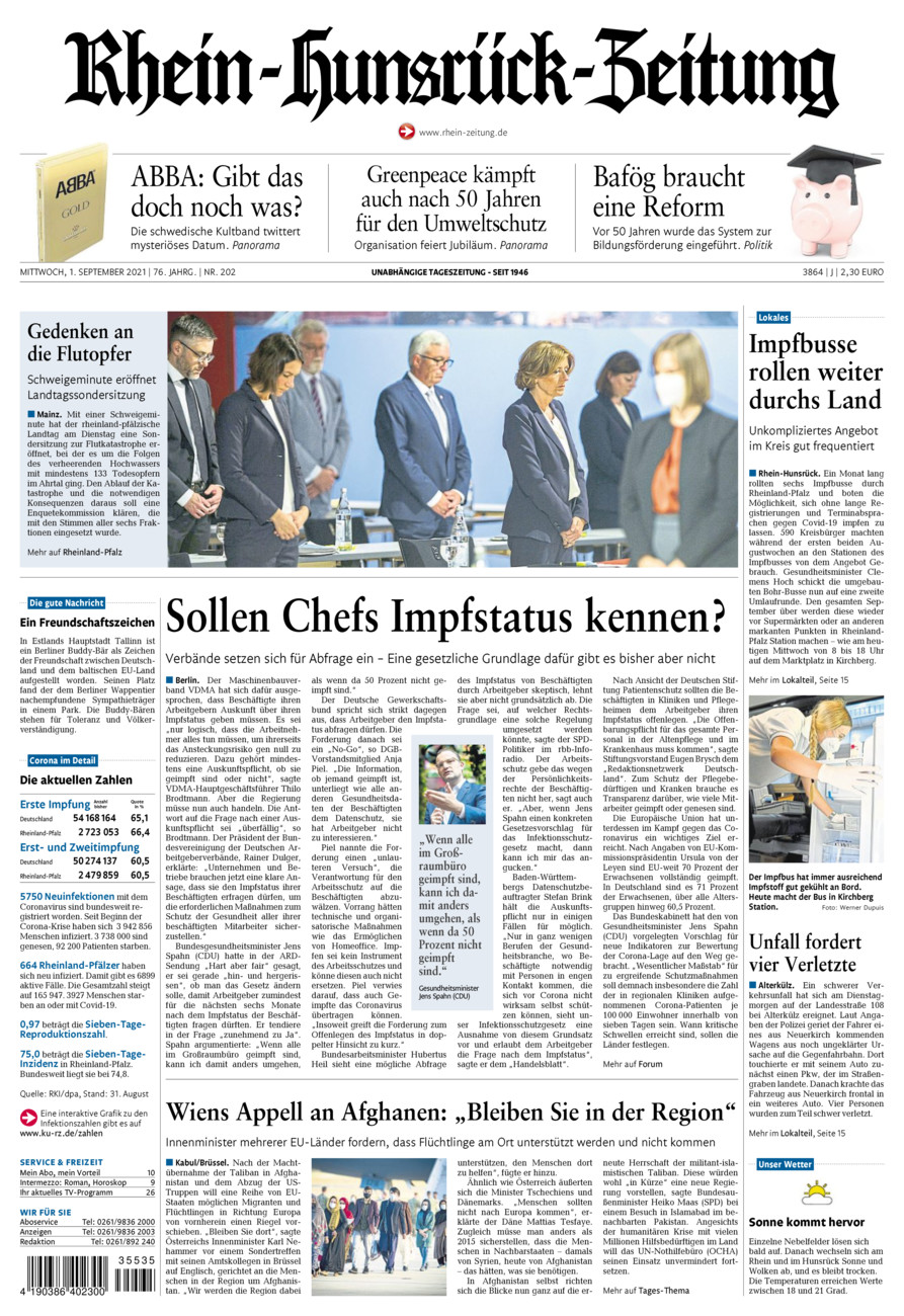 Rhein-Hunsrück-Zeitung vom Mittwoch, 01.09.2021