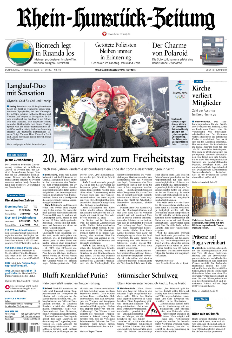 Rhein-Hunsrück-Zeitung vom Donnerstag, 17.02.2022