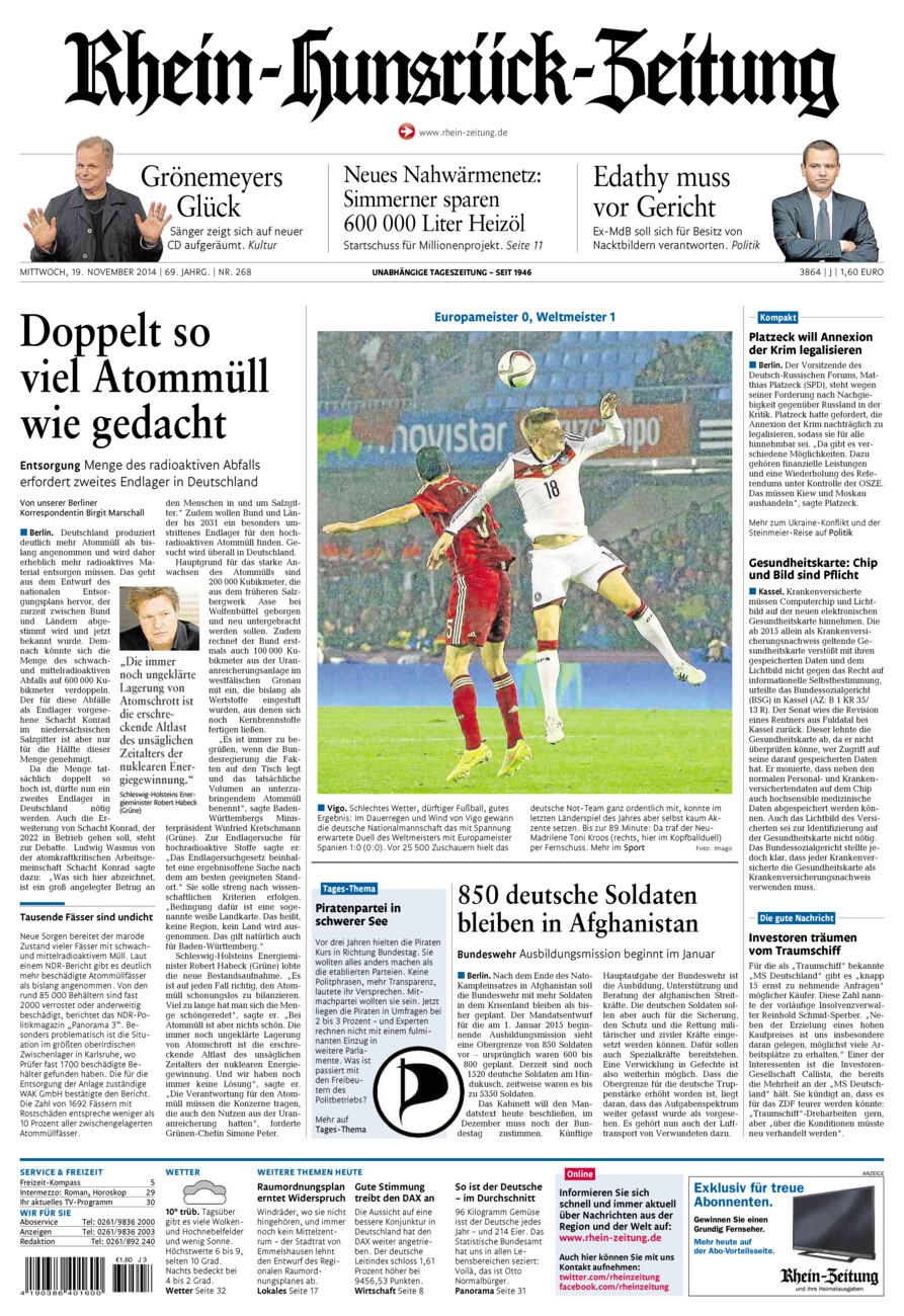 Rhein-Hunsrück-Zeitung vom Mittwoch, 19.11.2014