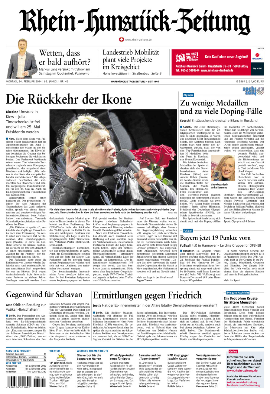 Rhein-Hunsrück-Zeitung vom Montag, 24.02.2014