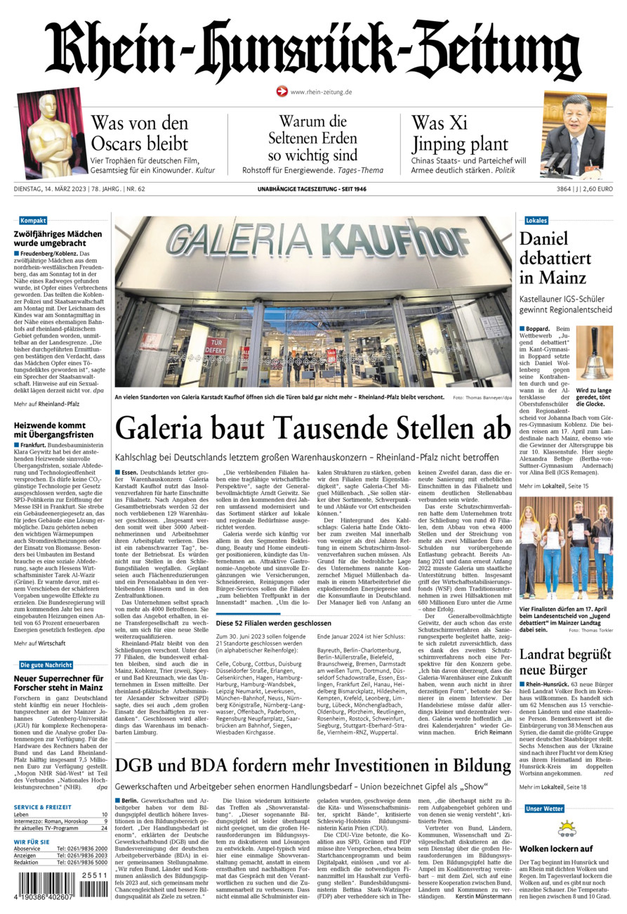 Rhein-Hunsrück-Zeitung vom Dienstag, 14.03.2023