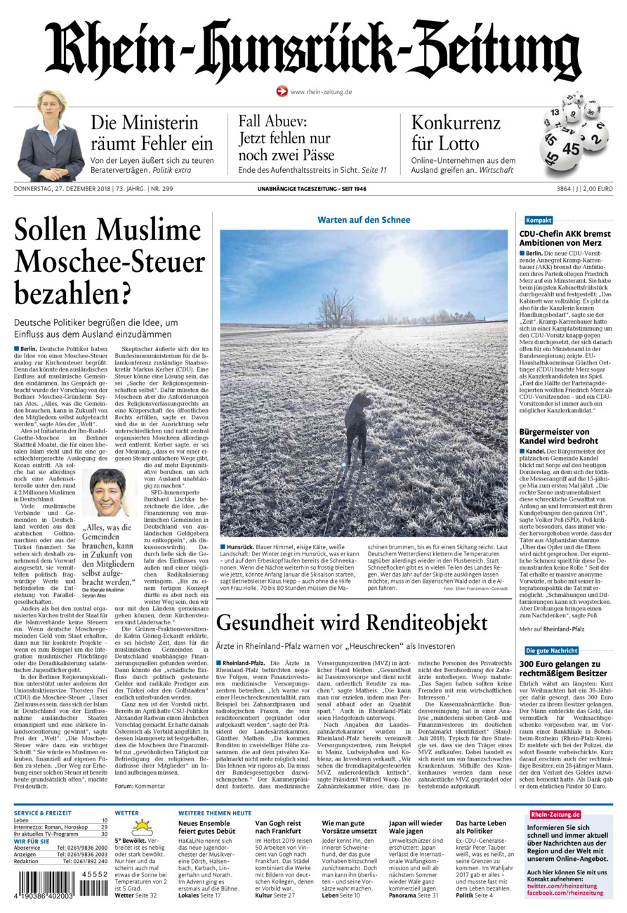 Rhein-Hunsrück-Zeitung vom Donnerstag, 27.12.2018