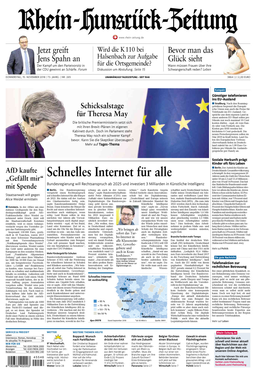 Rhein-Hunsrück-Zeitung vom Donnerstag, 15.11.2018