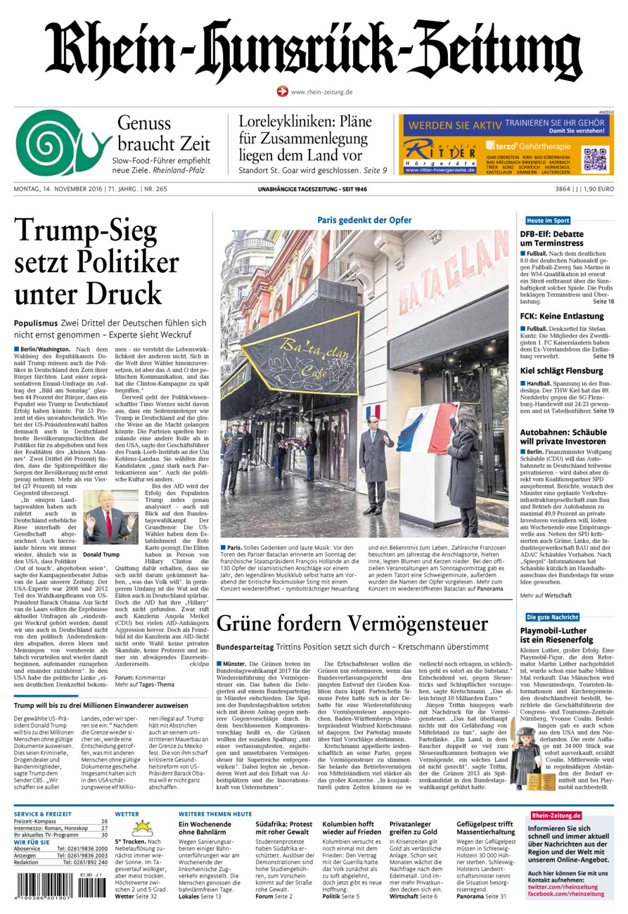 Rhein-Hunsrück-Zeitung vom Montag, 14.11.2016