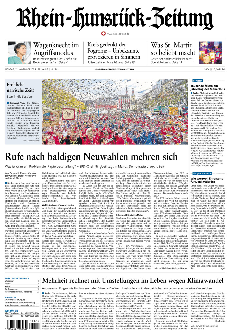 Rhein-Hunsrück-Zeitung vom Montag, 11.11.2024