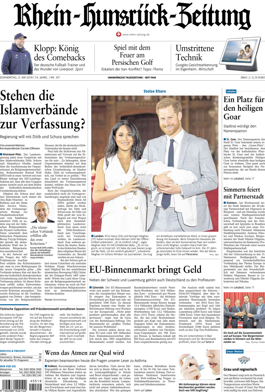 Rhein-Hunsrück-Zeitung vom Donnerstag, 09.05.2019