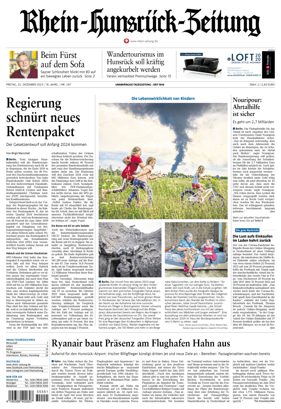 Rhein-Hunsrück-Zeitung vom Freitag, 22.12.2023