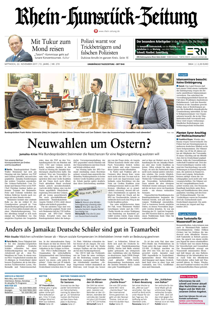 Rhein-Hunsrück-Zeitung vom Mittwoch, 22.11.2017
