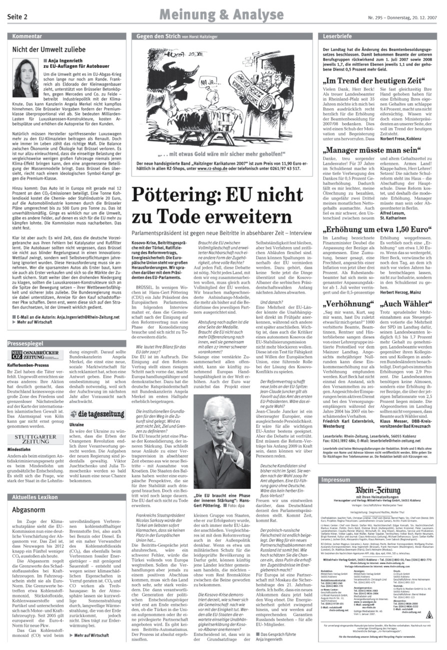 Rhein-Hunsrück-Zeitung vom Donnerstag, 20.12.2007