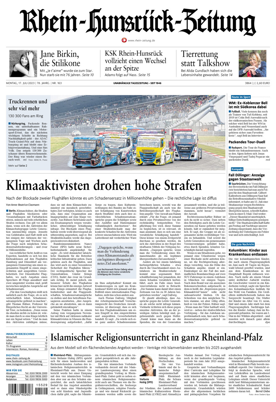 Rhein-Hunsrück-Zeitung vom Montag, 17.07.2023