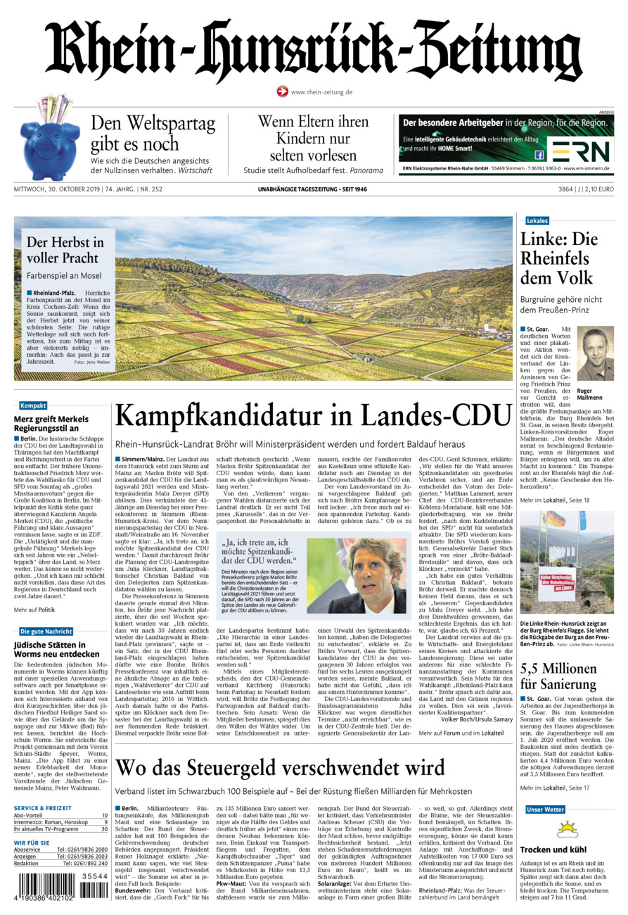 Rhein-Hunsrück-Zeitung vom Mittwoch, 30.10.2019