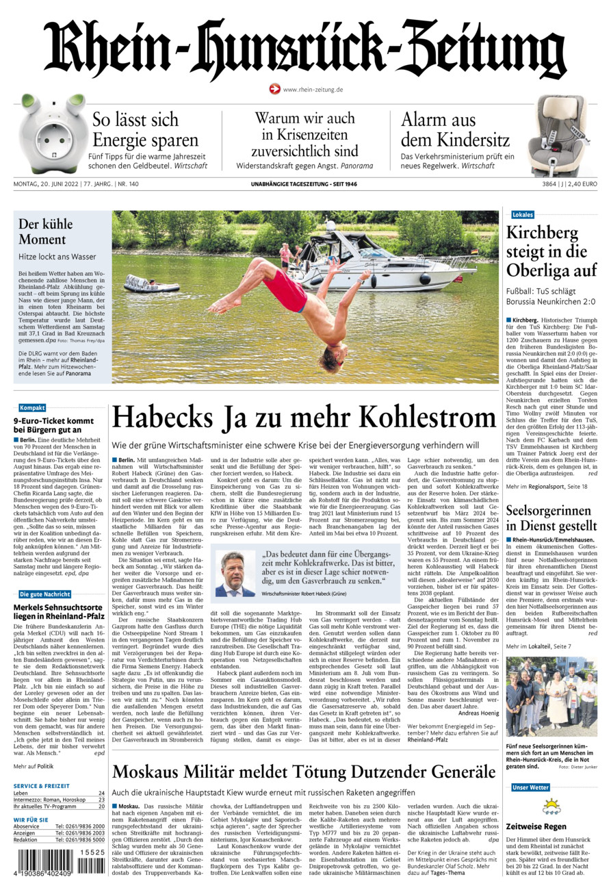 Rhein-Hunsrück-Zeitung vom Montag, 20.06.2022