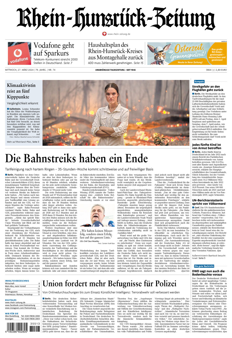 Rhein-Hunsrück-Zeitung vom Mittwoch, 27.03.2024