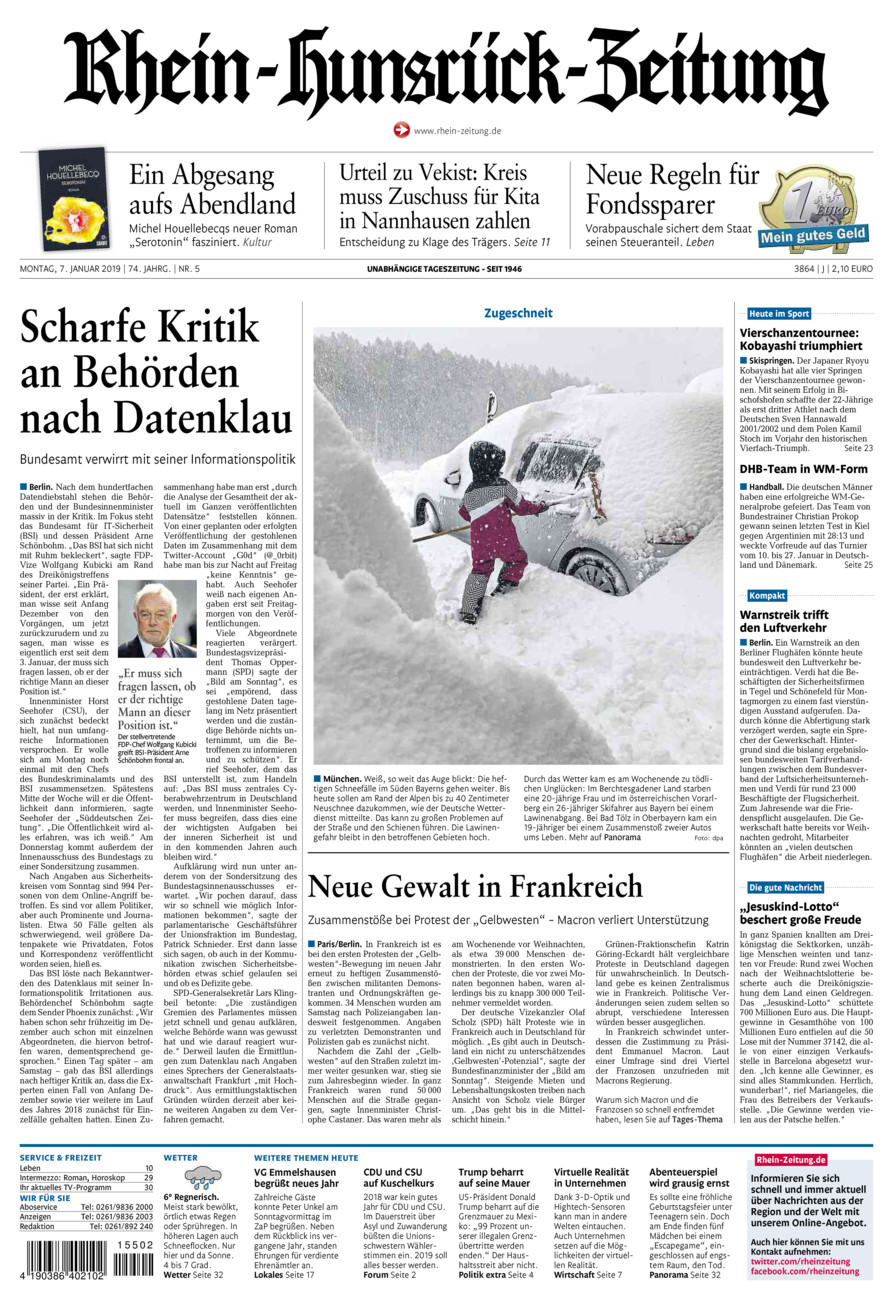 Rhein-Hunsrück-Zeitung vom Montag, 07.01.2019