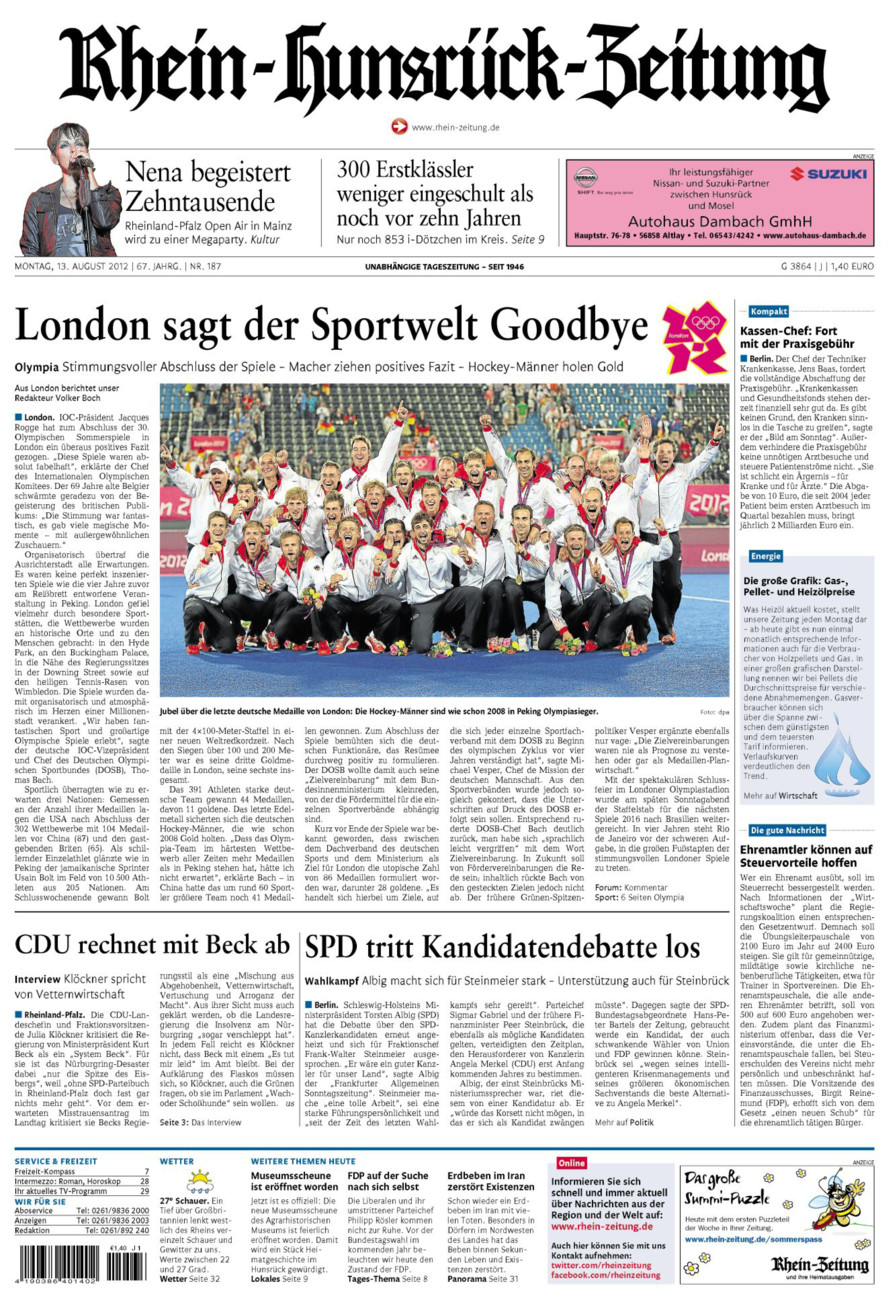 Rhein-Hunsrück-Zeitung vom Montag, 13.08.2012