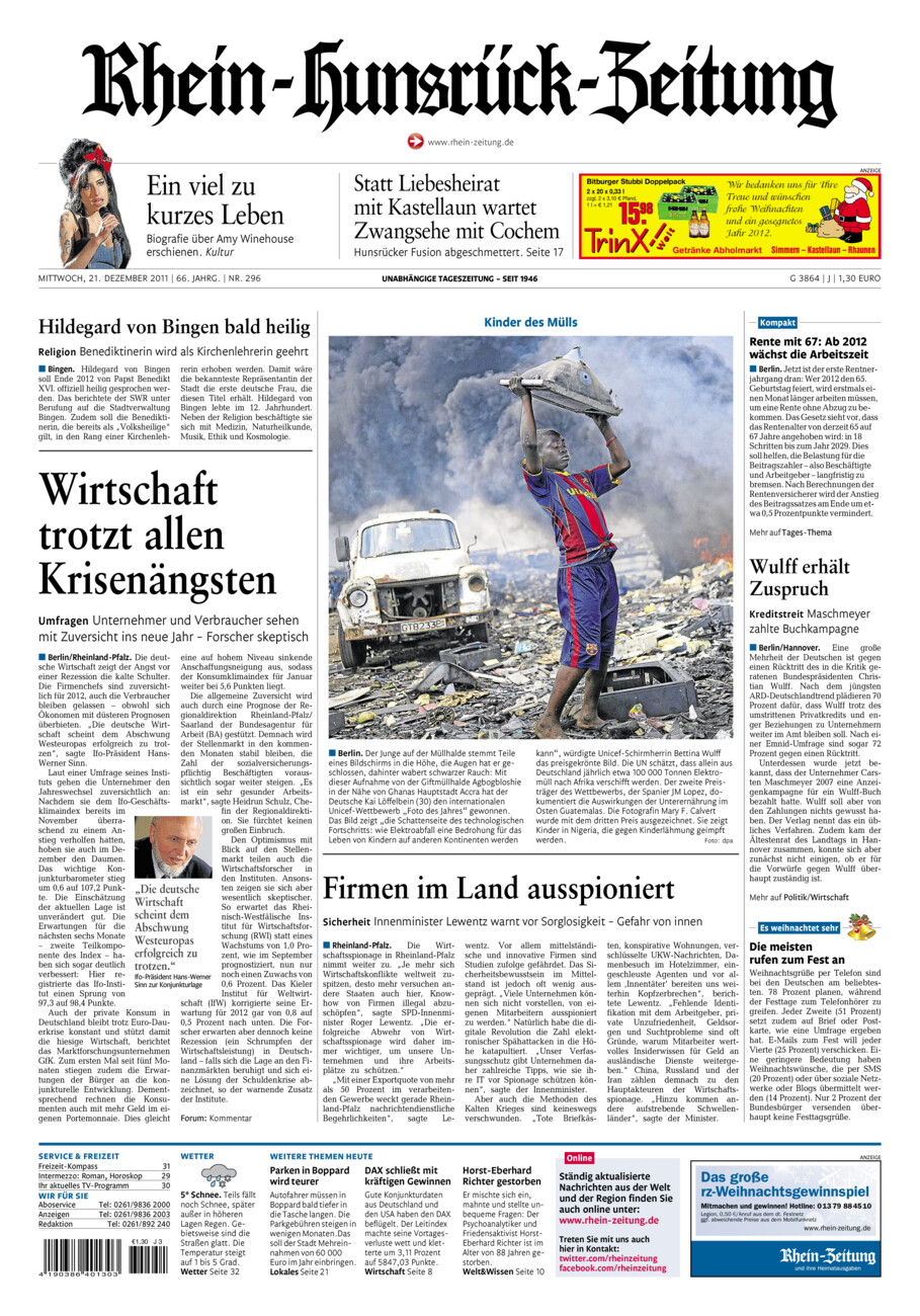 Rhein-Hunsrück-Zeitung vom Mittwoch, 21.12.2011