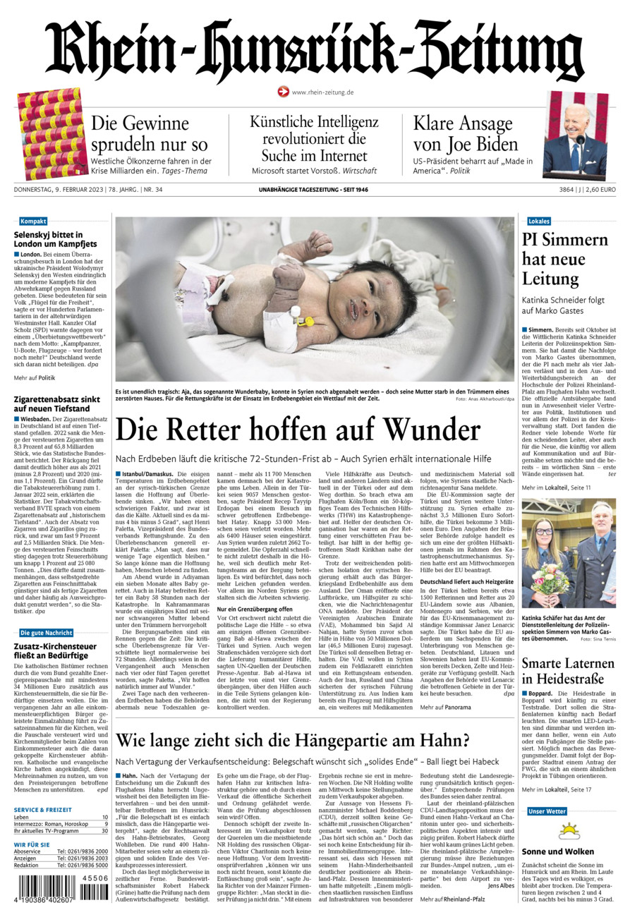 Rhein-Hunsrück-Zeitung vom Donnerstag, 09.02.2023