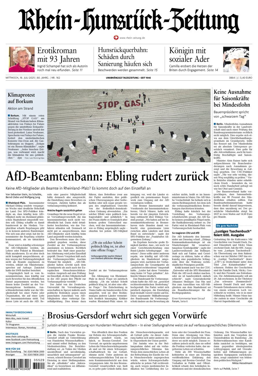 Rhein-Hunsrück-Zeitung vom Mittwoch, 16.07.2025