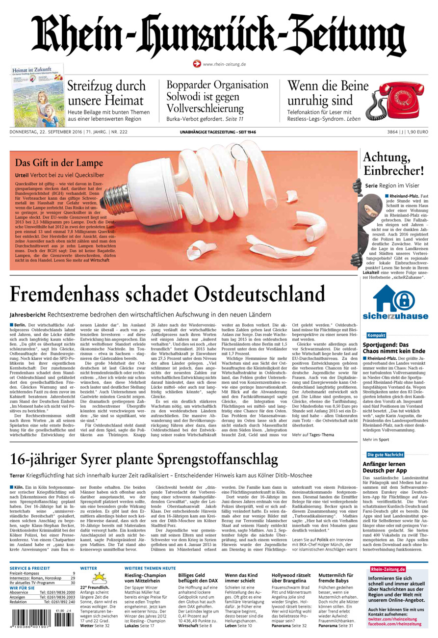 Rhein-Hunsrück-Zeitung vom Donnerstag, 22.09.2016