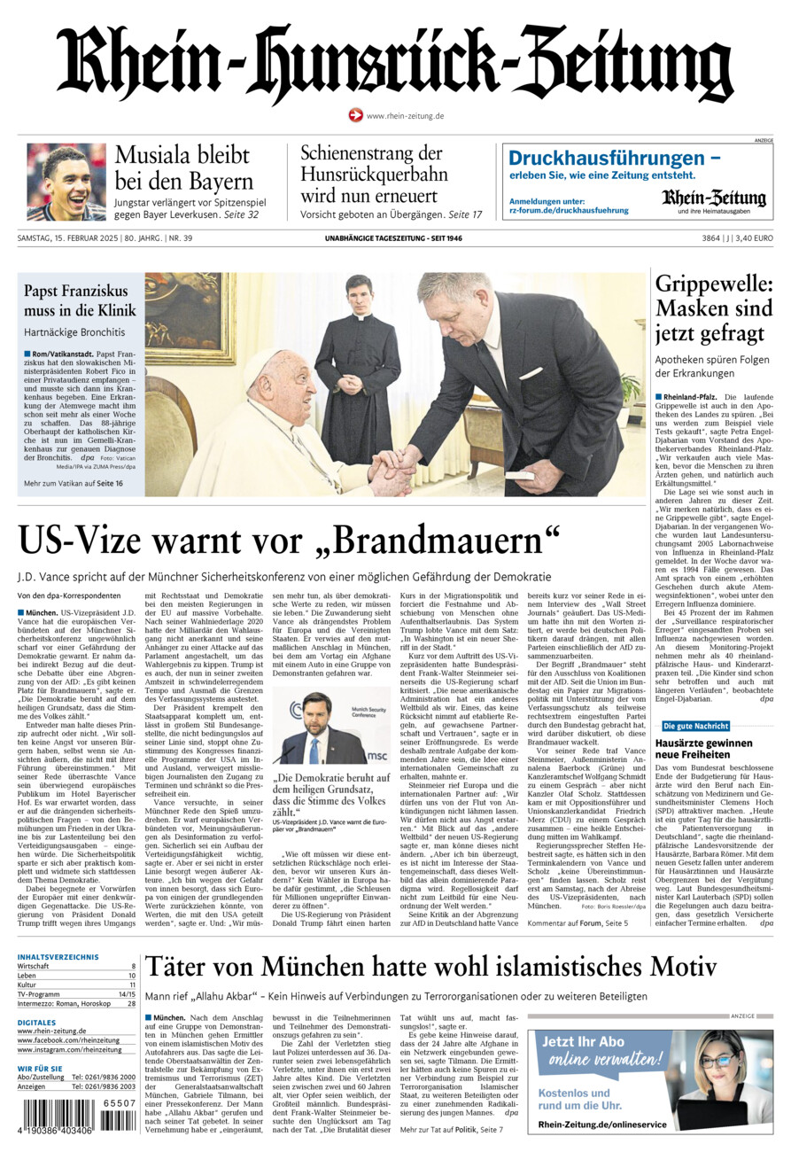 Rhein-Hunsrück-Zeitung vom Samstag, 15.02.2025