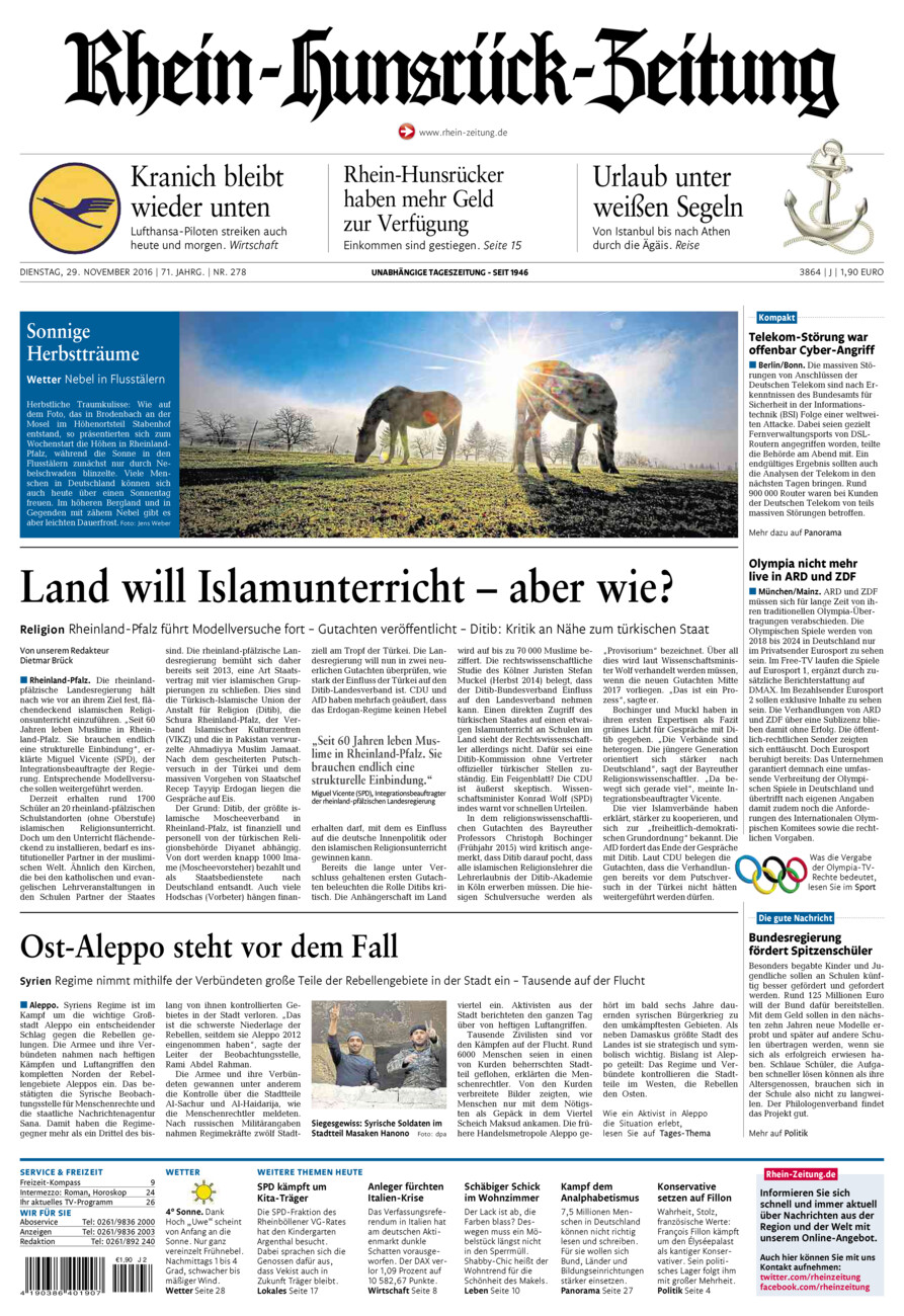 Rhein-Hunsrück-Zeitung vom Dienstag, 29.11.2016