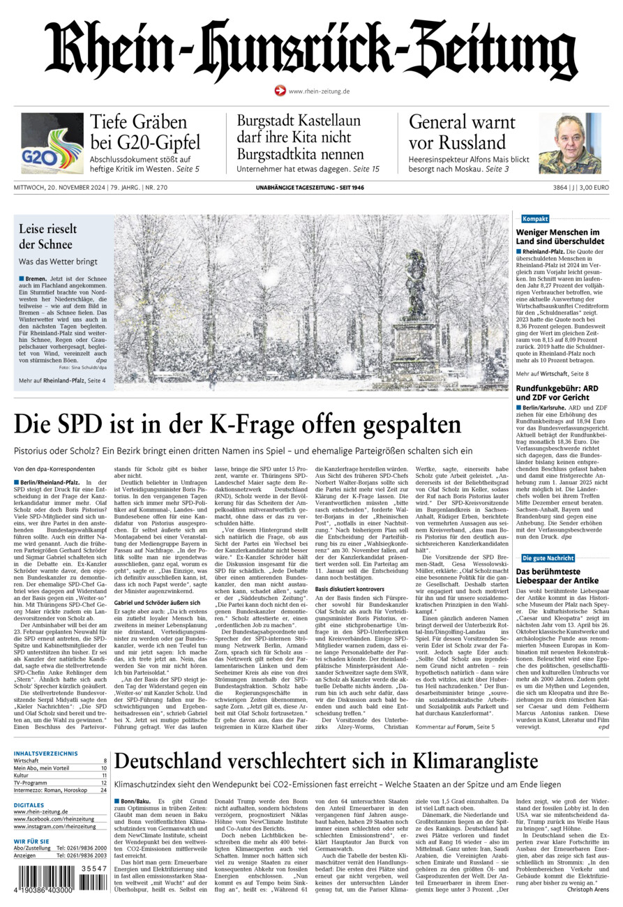 Rhein-Hunsrück-Zeitung vom Mittwoch, 20.11.2024