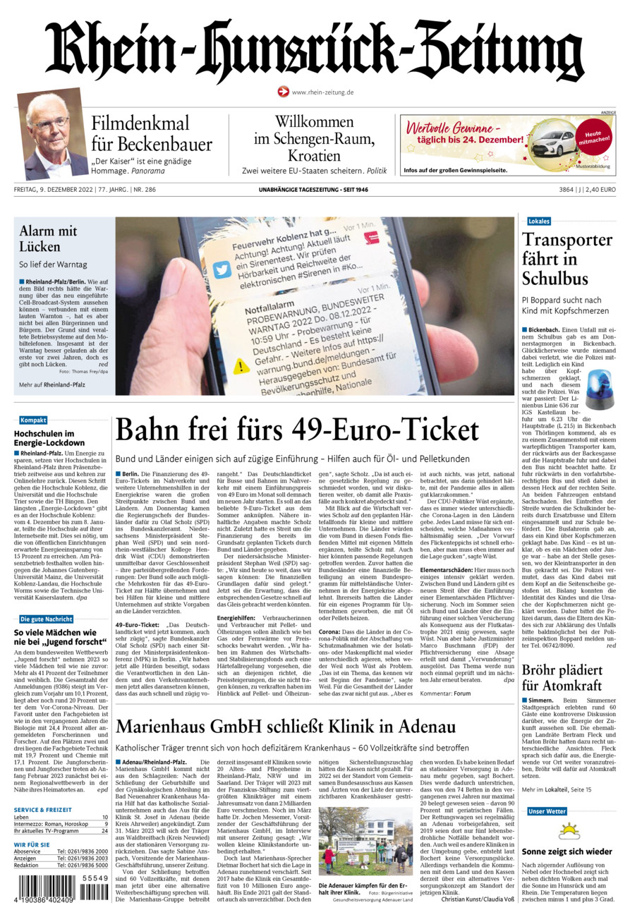 Rhein-Hunsrück-Zeitung vom Freitag, 09.12.2022