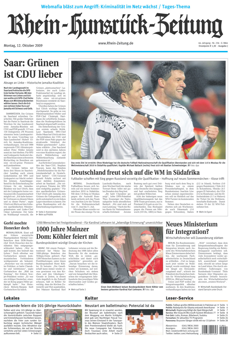 Rhein-Hunsrück-Zeitung vom Montag, 12.10.2009