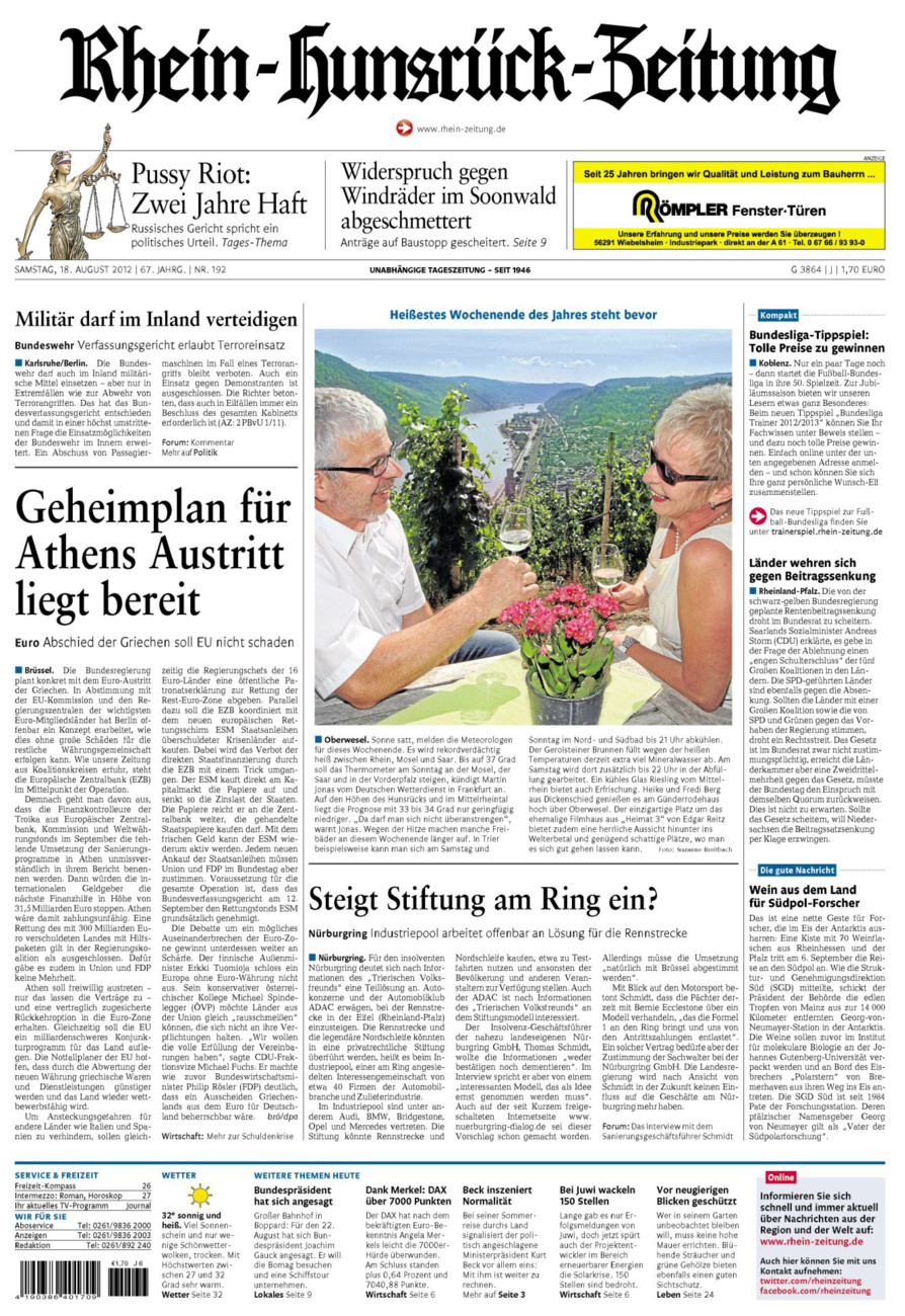 Rhein-Hunsrück-Zeitung vom Samstag, 18.08.2012