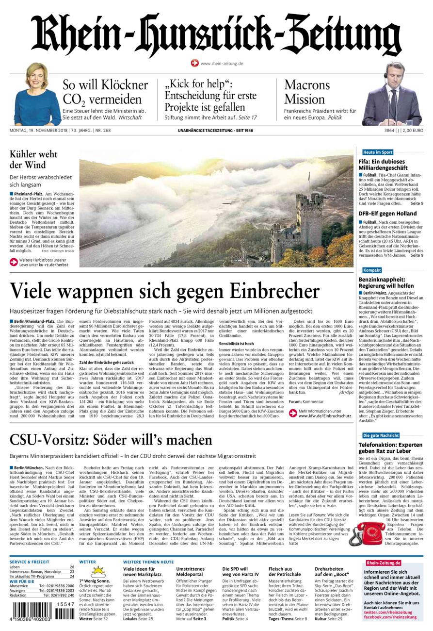 Rhein-Hunsrück-Zeitung vom Montag, 19.11.2018