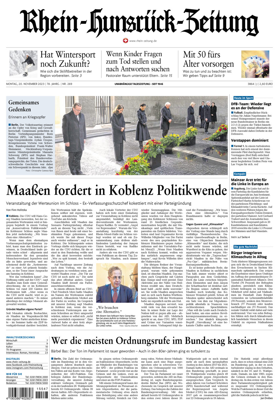 Rhein-Hunsrück-Zeitung vom Montag, 20.11.2023