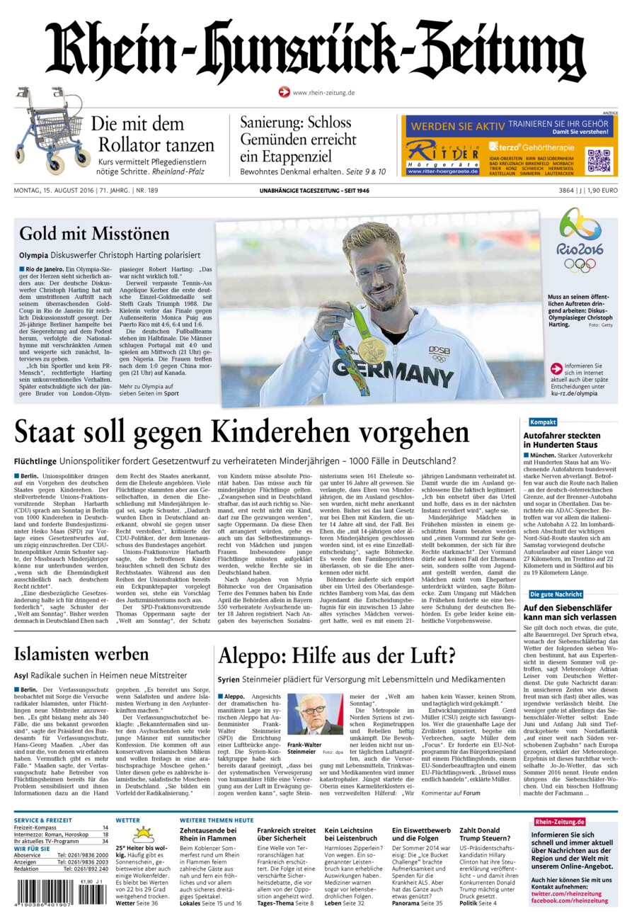 Rhein-Hunsrück-Zeitung vom Montag, 15.08.2016