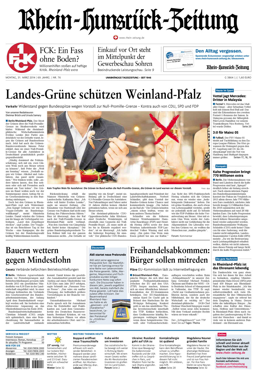 Rhein-Hunsrück-Zeitung vom Montag, 31.03.2014