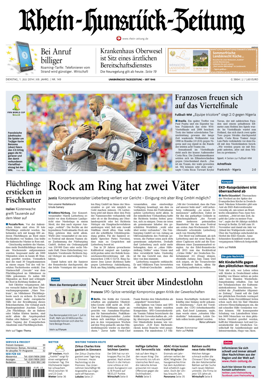 Rhein-Hunsrück-Zeitung vom Dienstag, 01.07.2014