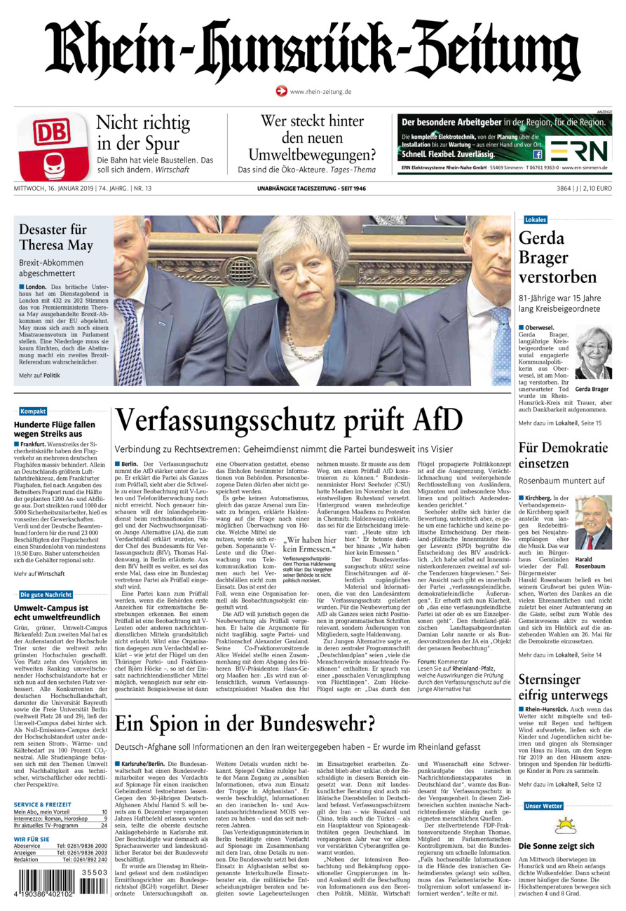Rhein-Hunsrück-Zeitung vom Mittwoch, 16.01.2019