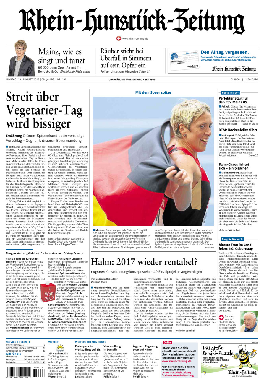 Rhein-Hunsrück-Zeitung vom Montag, 19.08.2013