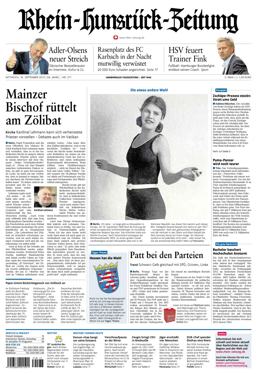 Rhein-Hunsrück-Zeitung vom Mittwoch, 18.09.2013