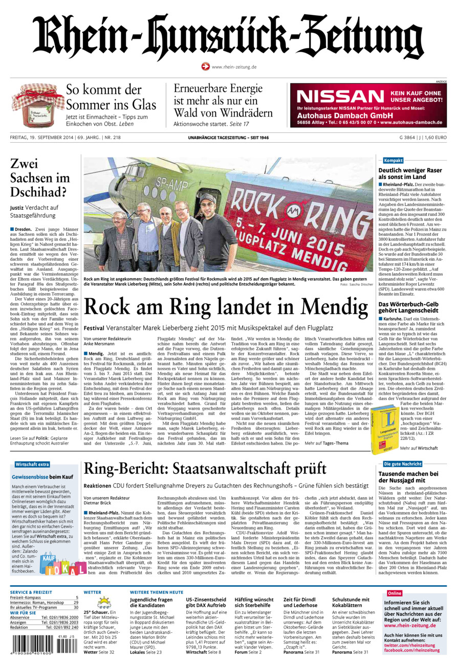 Rhein-Hunsrück-Zeitung vom Freitag, 19.09.2014