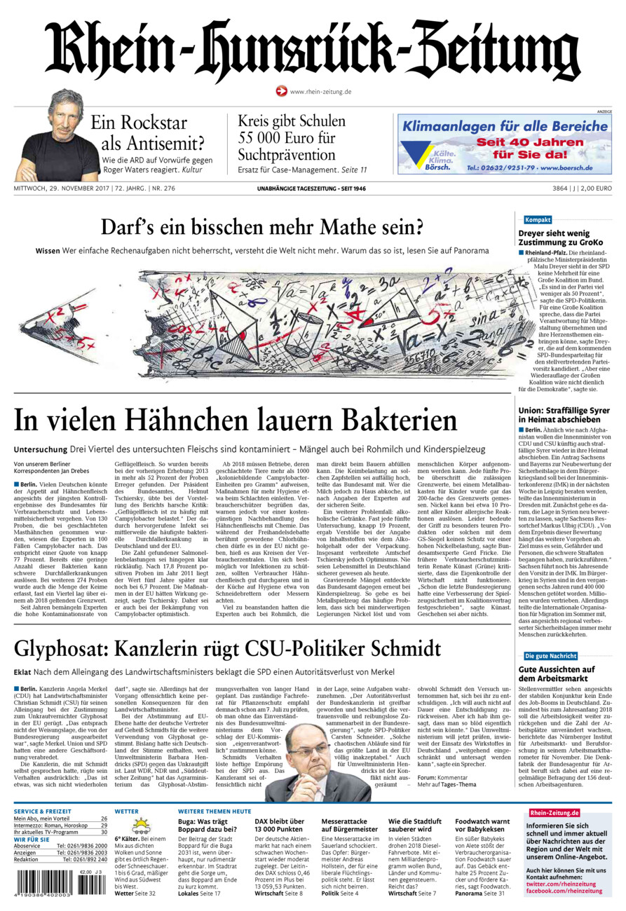Rhein-Hunsrück-Zeitung vom Mittwoch, 29.11.2017