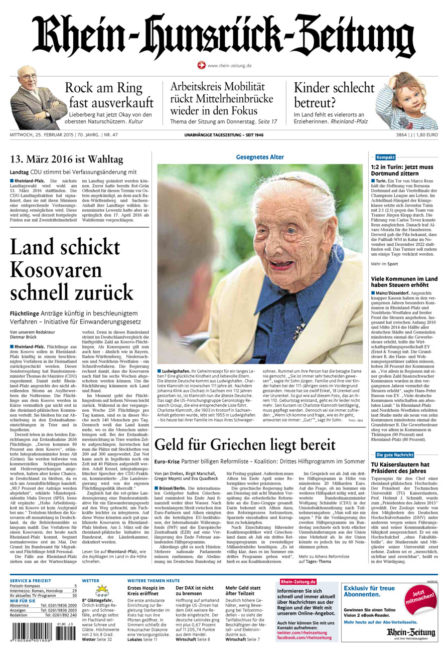 Rhein-Hunsrück-Zeitung vom Mittwoch, 25.02.2015
