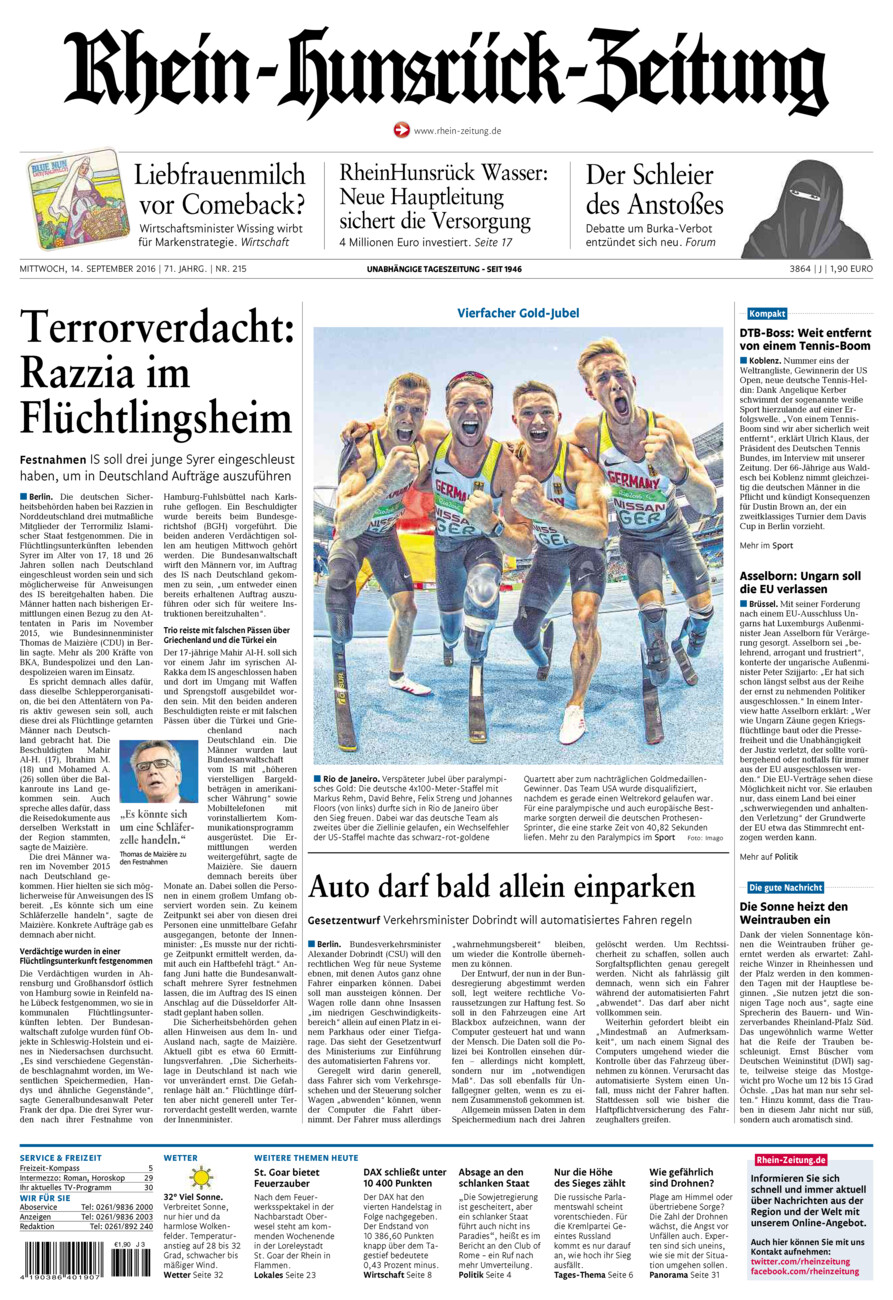 Rhein-Hunsrück-Zeitung vom Mittwoch, 14.09.2016