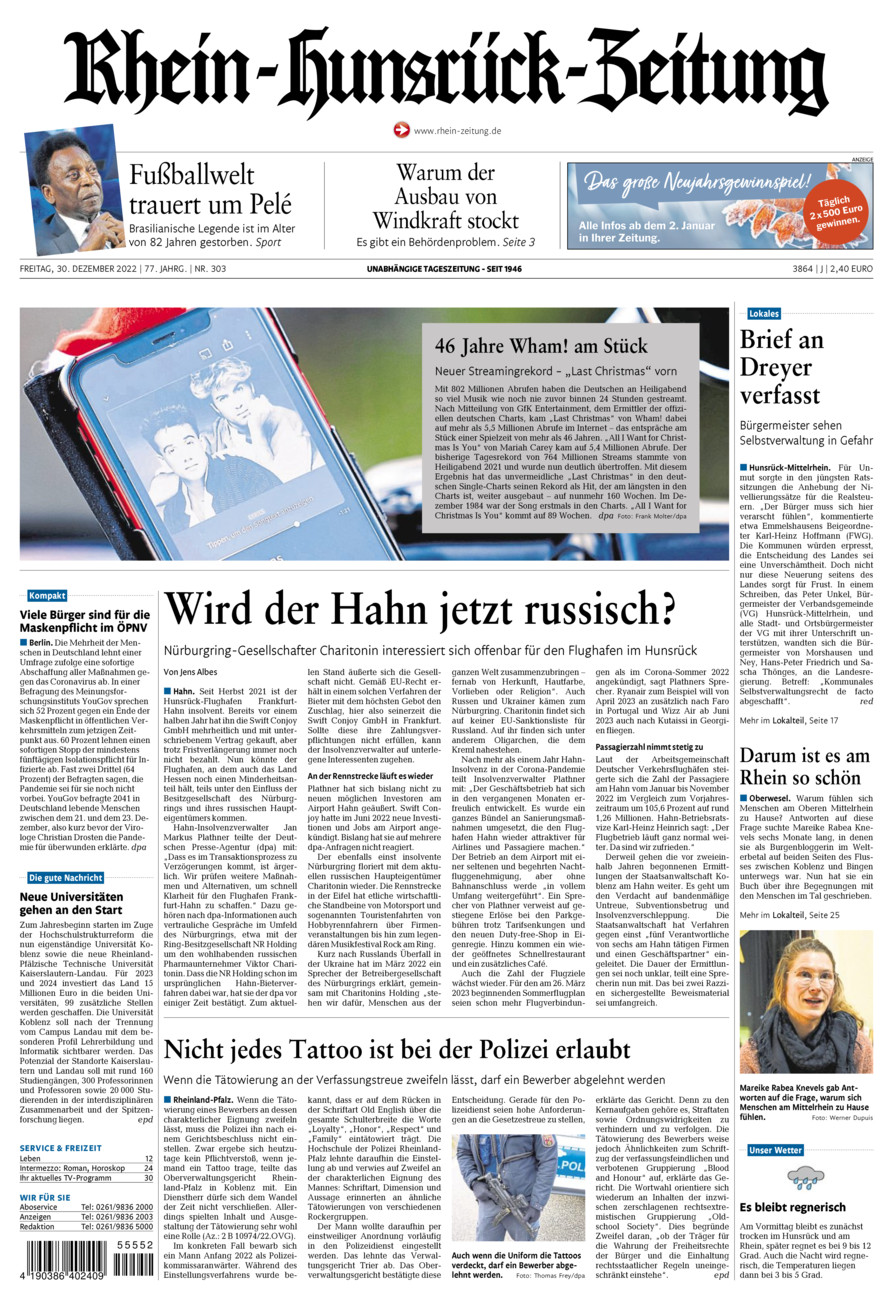 Rhein-Hunsrück-Zeitung vom Freitag, 30.12.2022