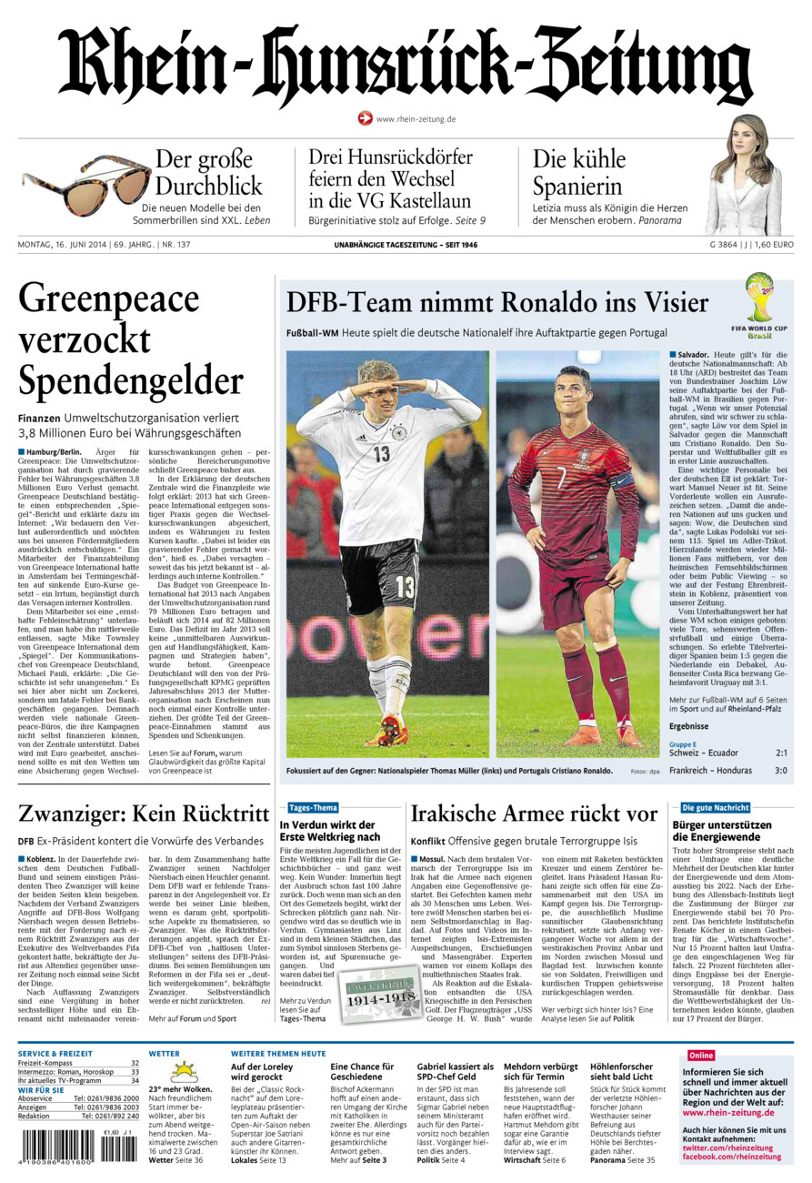 Rhein-Hunsrück-Zeitung vom Montag, 16.06.2014