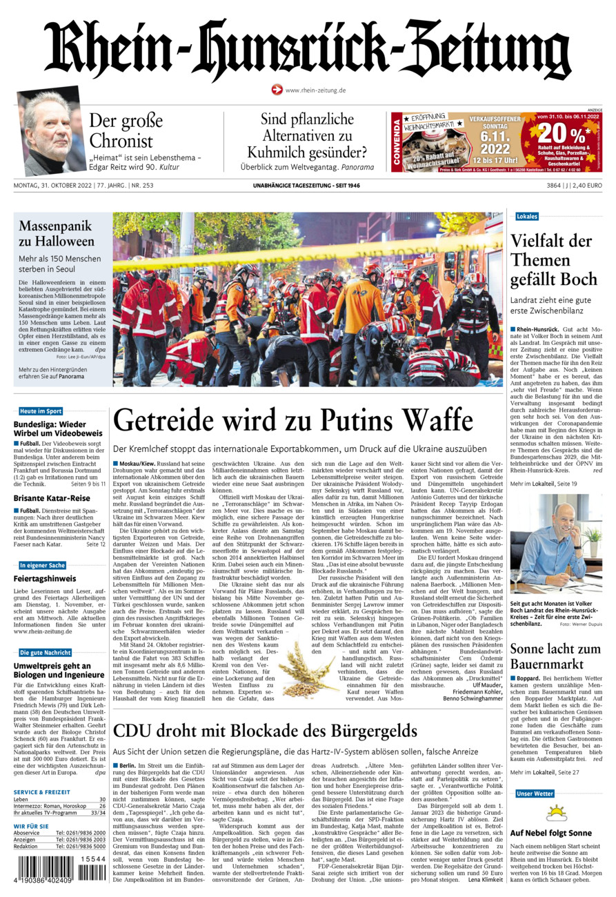 Rhein-Hunsrück-Zeitung vom Montag, 31.10.2022